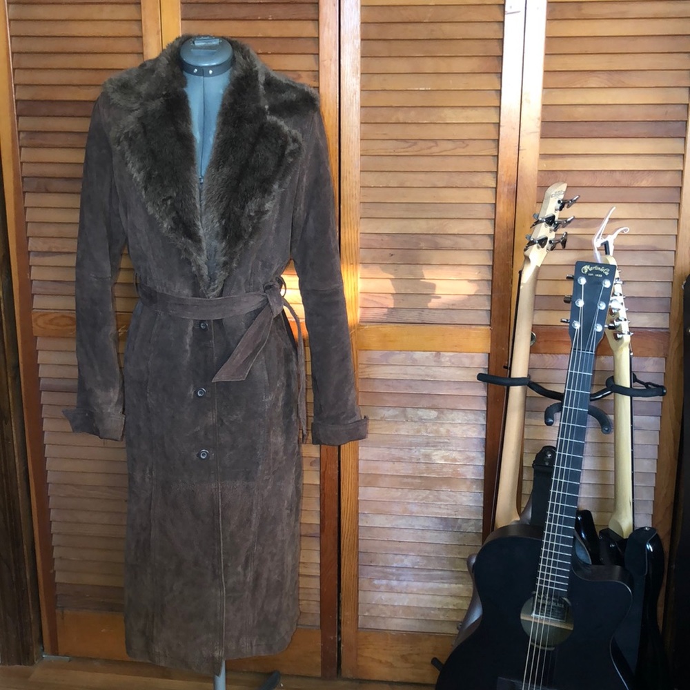Full Length Leather Coat with Faux Fur Trim